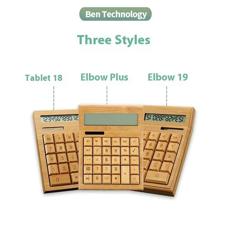 Solar bamboo calculator with natural bamboo casing and solar panel on office desk