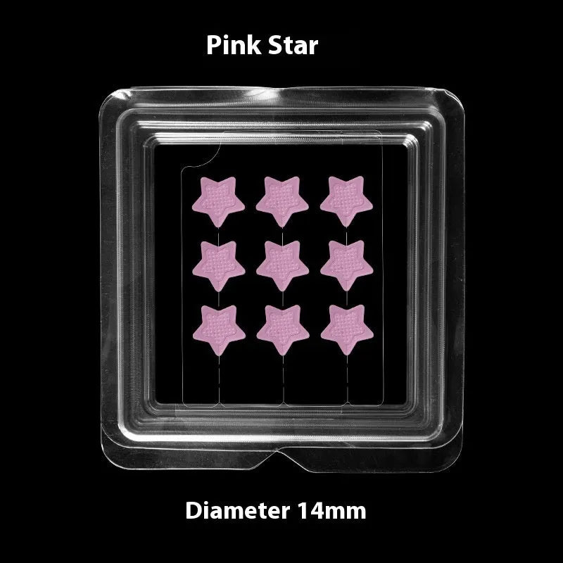 Sheet of nine 14mm soluble hyaluronic acid invisible microneedle acne patches in blister box.