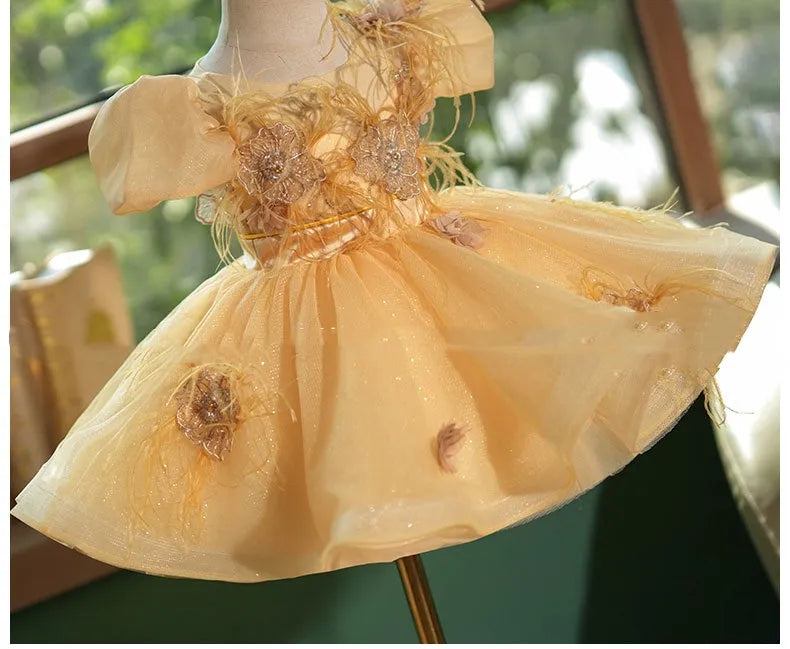 Girls princess dress in Champagne Gold with sequins and flower pettiskirt