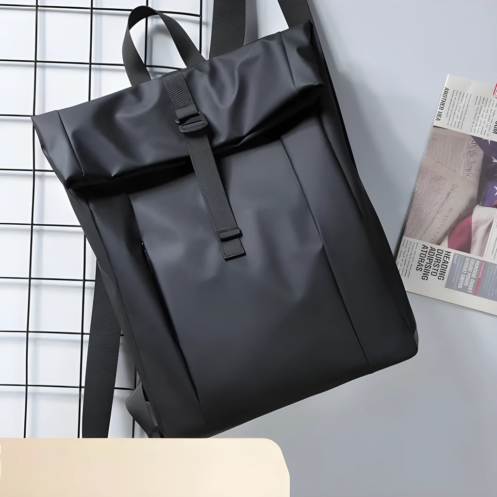 Solid colour large capacity men's backpack with airpillow straps, available in black, blue, and silver, 30x11x42cm