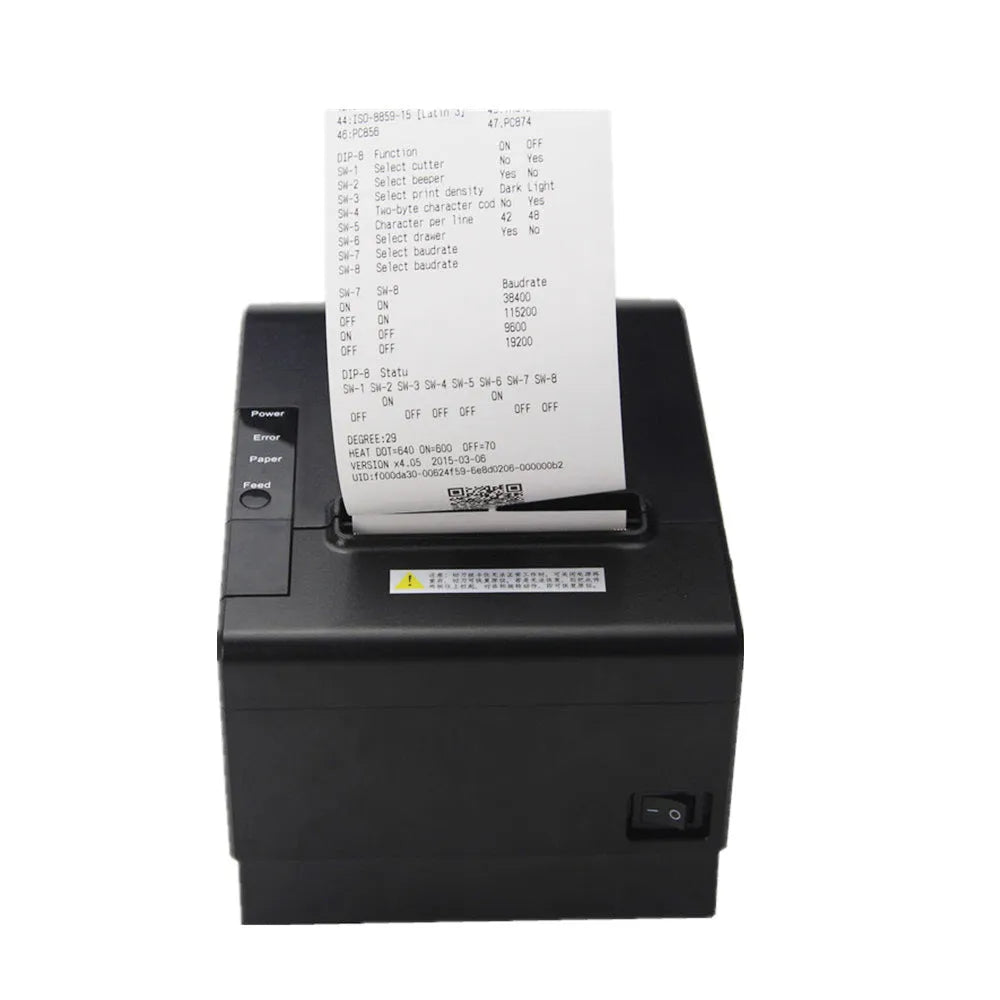 80mm thermal receipt printer with compact 215x205x160mm dimensions showing connectivity ports