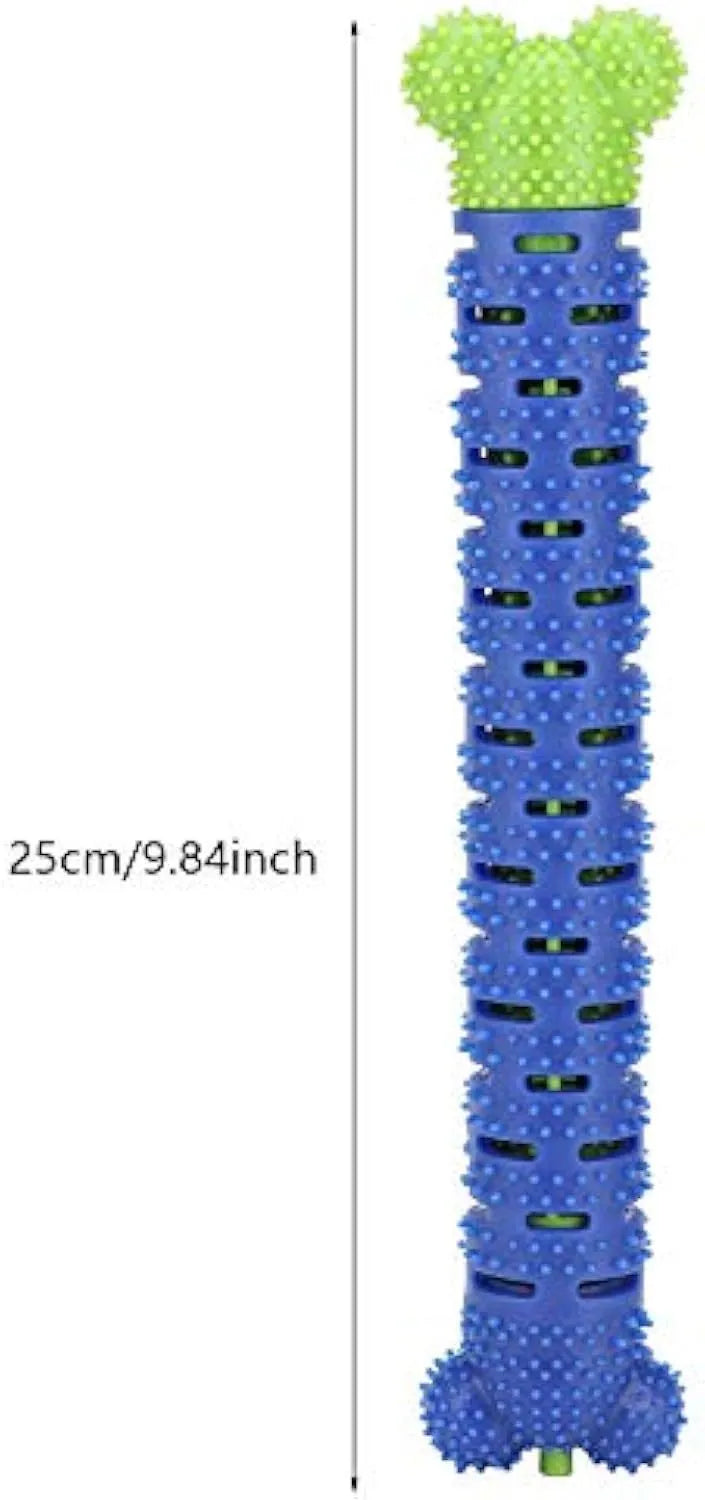 Blue and green silicone dog molar tooth cleaning toy with textured brush head and nodules, 25cm long.