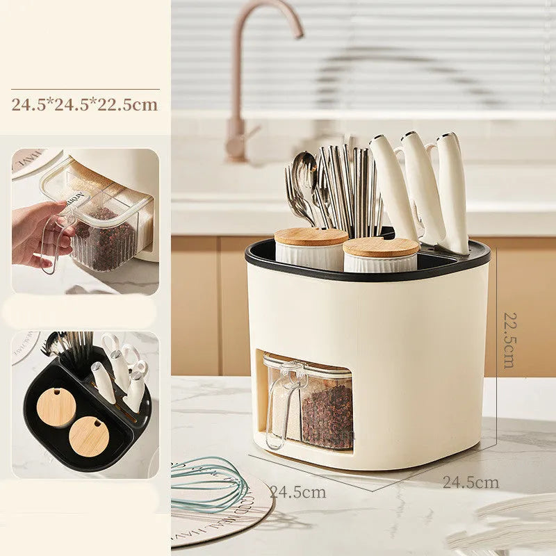 Rotating kitchen storage organiser with spice box compartments on countertop