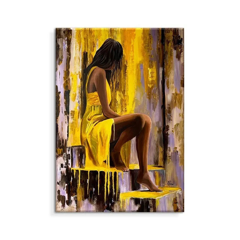 Hand-painted oil painting of a girl in a yellow dress on vertical canvas for living room wall decor