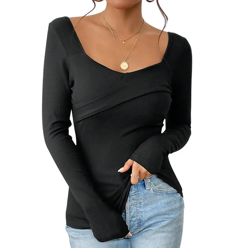 Black knitted slim-fit square neck backless long-sleeved top for women, front view