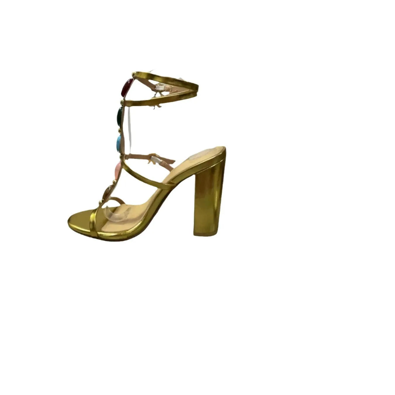 Gold women's open toe sandals with a chunky heel and round toe, showing button closure.