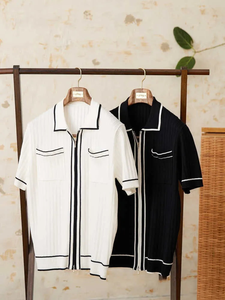 Slim elastic lapel polo shirt in black and white colour options showing front and detail views