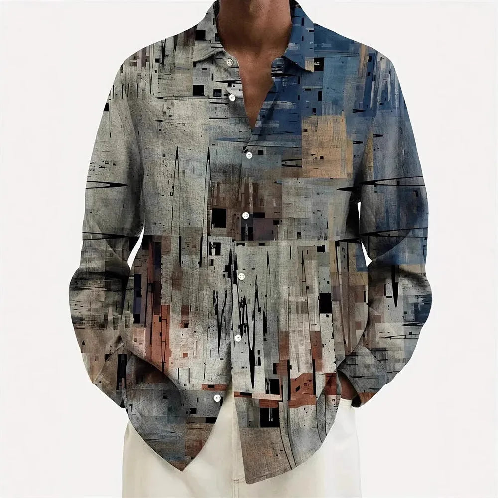 Man wearing a loose-fitting floral print Hawaiian shirt with long sleeves.