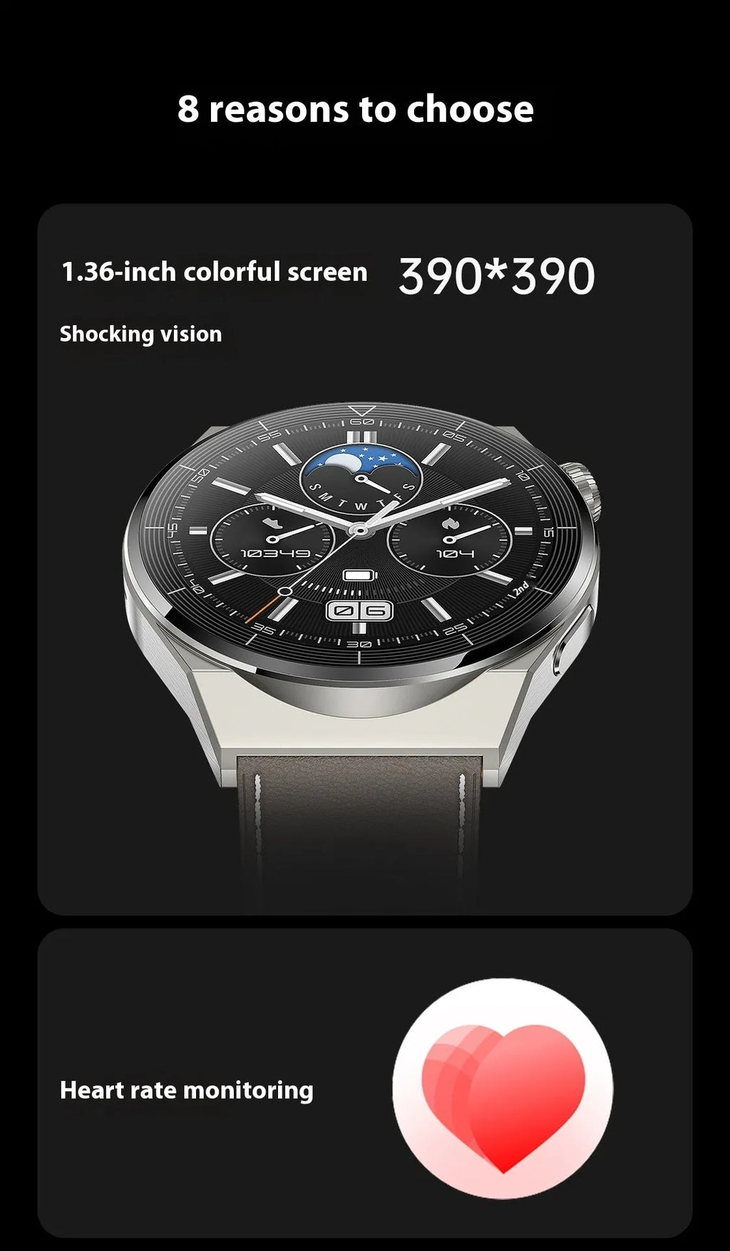 Black silicone strap smartwatch with silver case showing touch screen displaying health metrics