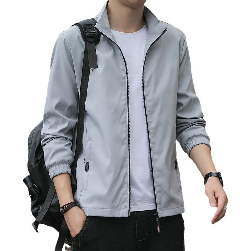 Korean style loose lapel casual jacket in black, lightweight polyester blend construction with zipper closure