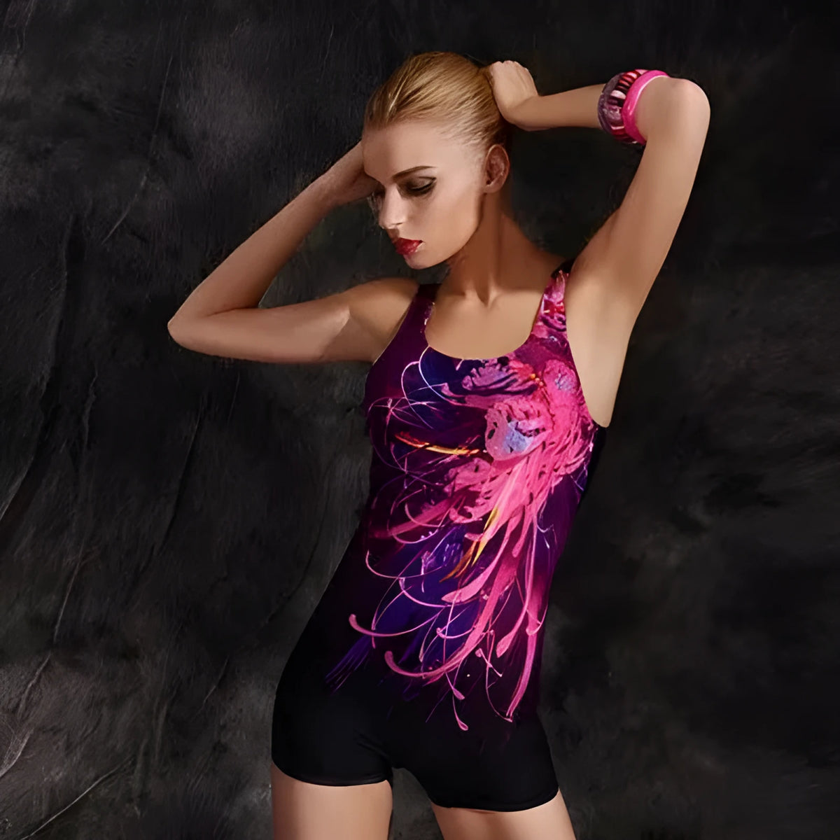 Women's quick-dry polyester one-piece swimsuit in black and blue, sleeveless conservative style
