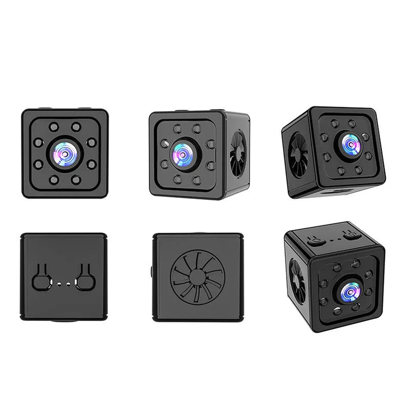 Small black cube-shaped K13 network sports camera with mounting bracket on a white background.