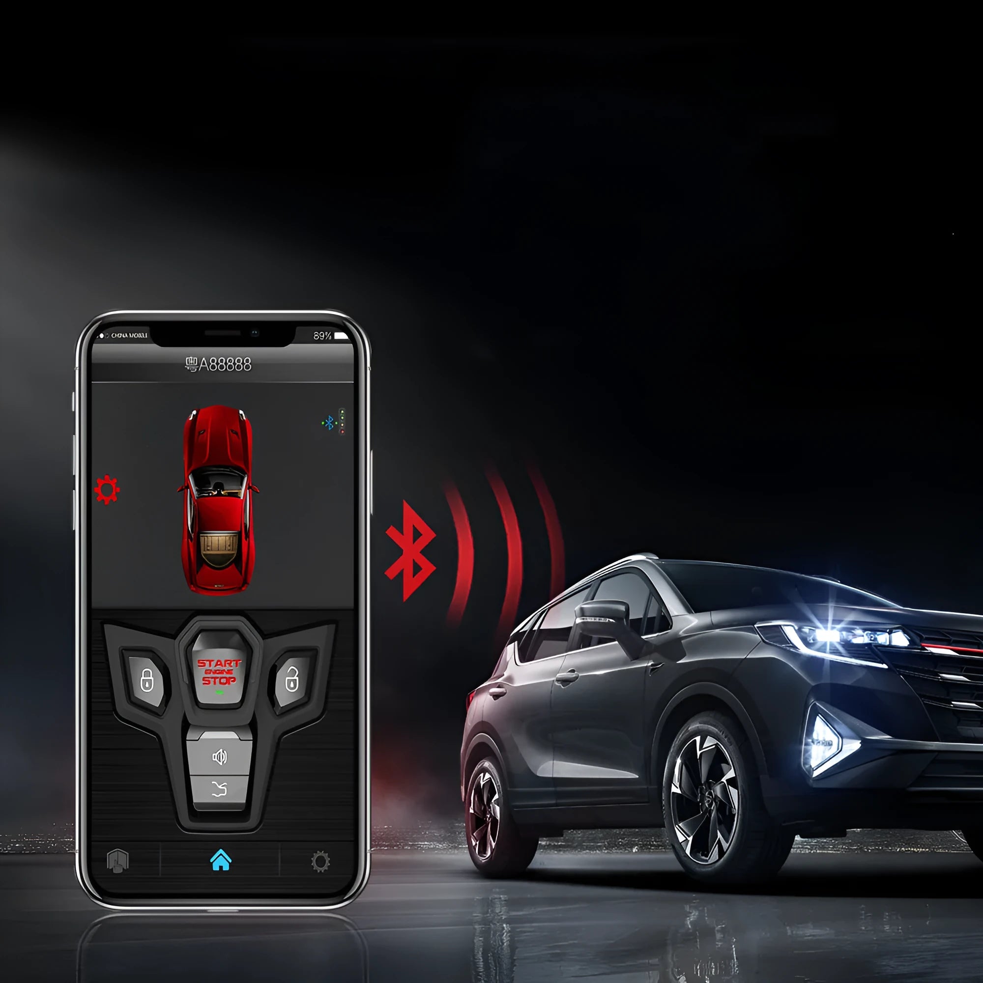 Red and frosted black one-way car alarm remote control system with two remotes for vehicle security
