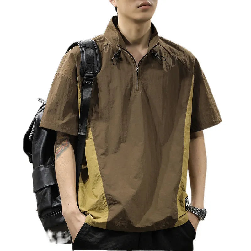 Brown men's half-zip casual shirt with stand collar and short sleeves showing ice silk fabric texture