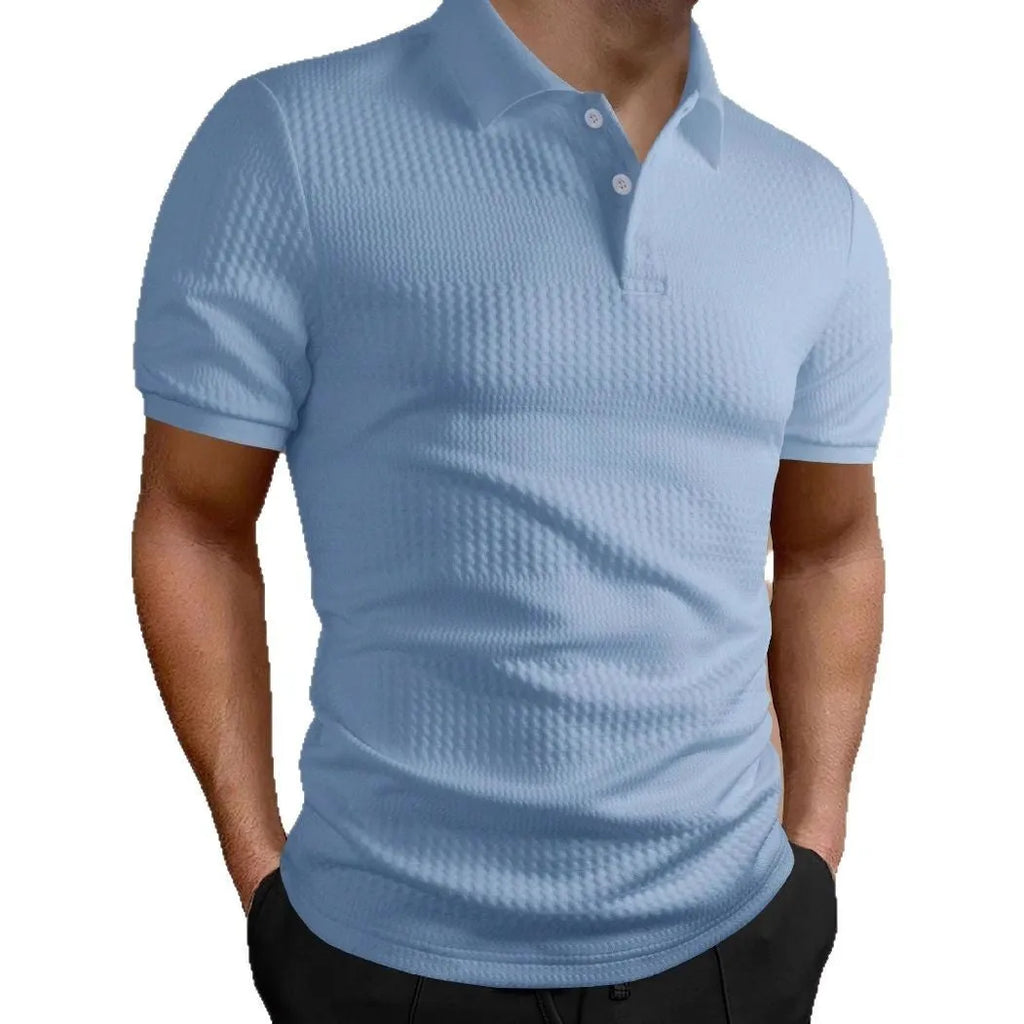 Men's striped polo shirt in loose fit with short sleeves showing asymmetric design details