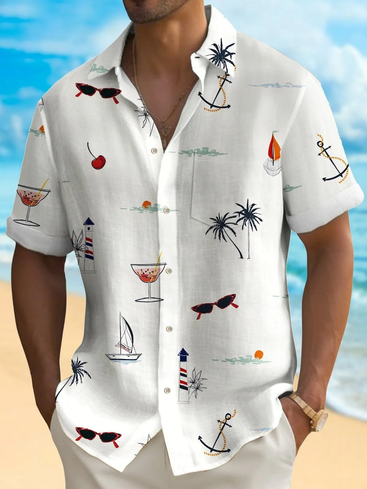 Men's loose-fit digital print Hawaiian shirt in polyester on a hanger.