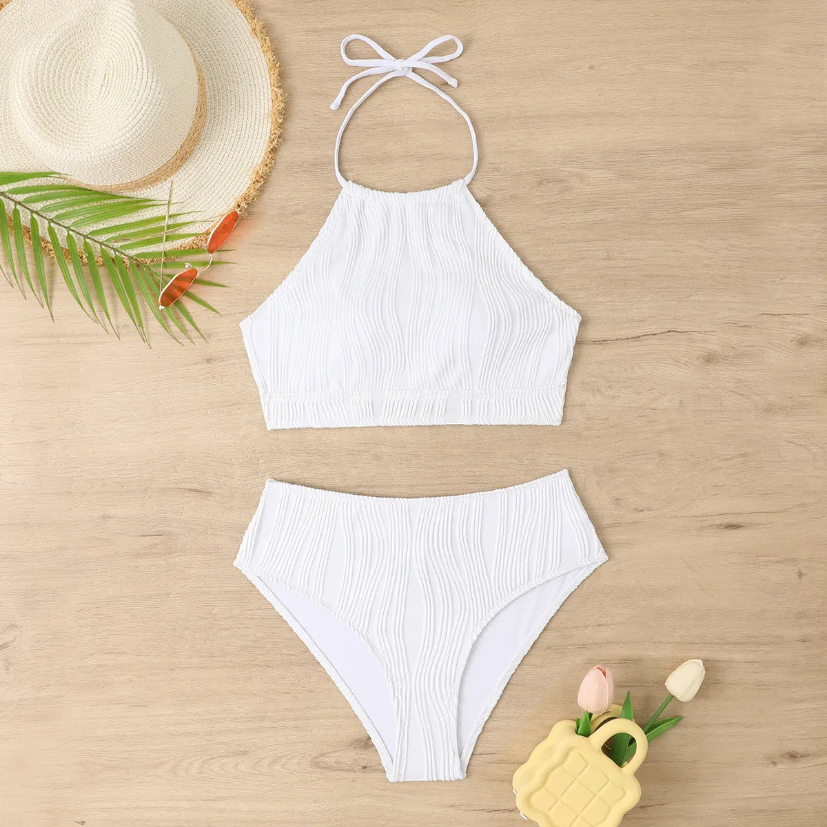 Women's high waist conservative swimsuit bikini set in solid colour