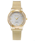 Golden mesh strap alloy electronic watch with round dial and world time GMT functions on a plain background