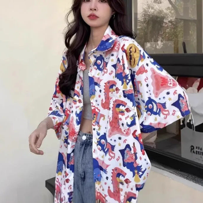 Women's summer retro full printed short-sleeved shirt in loose fit polyester, shown in picture colour