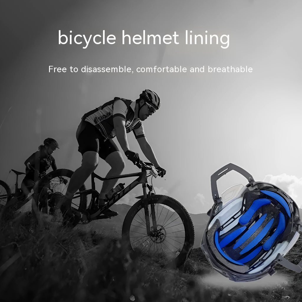 Blue cycling helmet sponge liner with Velcro chin pad shown detached from a helmet