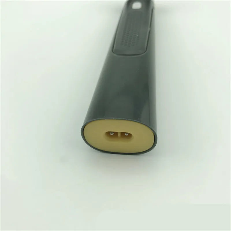 Black rechargeable men's precision shaver with LED light on and stainless steel blades.