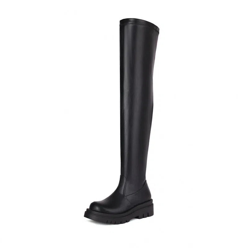 Women's black over-the-knee boots with square heel and round toe on white background