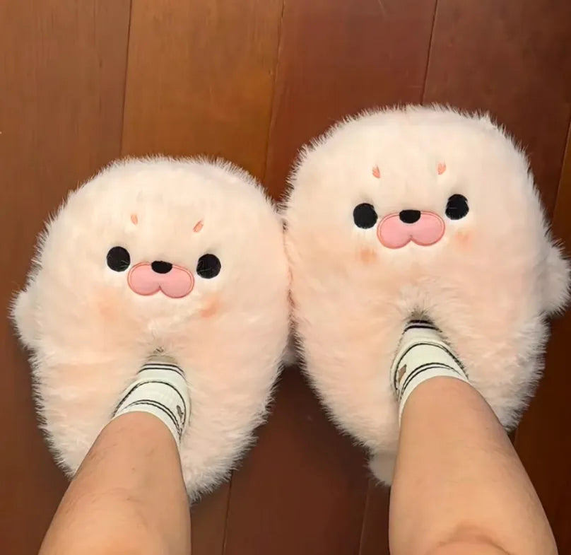 Small seal cotton shoes autumn winter warm plush toe cap slippers women cute white