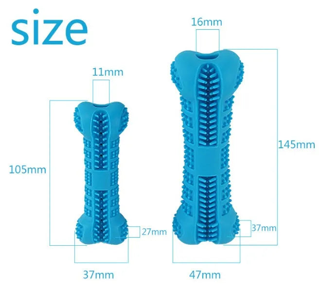Bone-shaped silicone dog molar stick toothbrush in blue with bristles on all sides