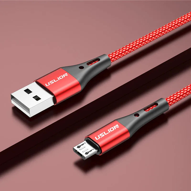 Nylon braided Micro USB charging cable in Black with alloy joint, 3A fast charging support, on a white background