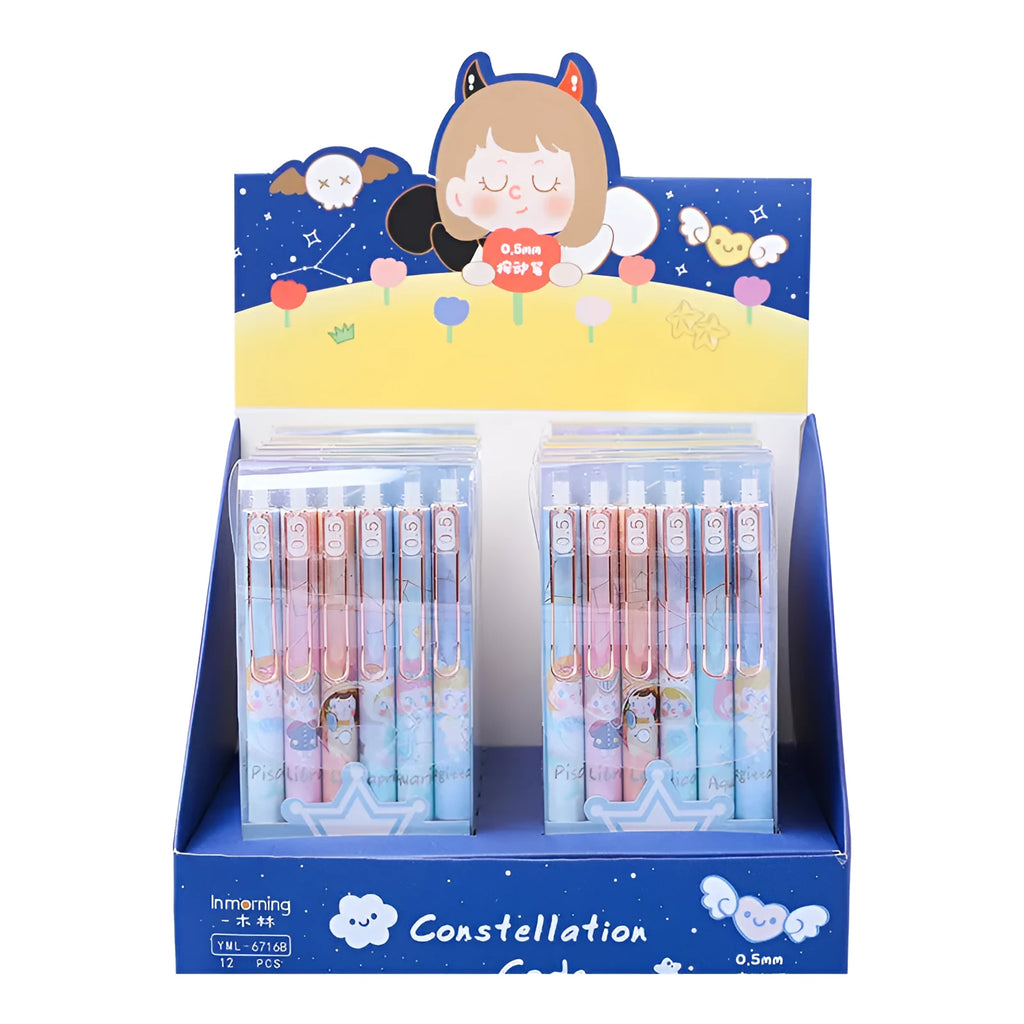 Six press gel pens with cartoon constellation designs, showing styles A and B.