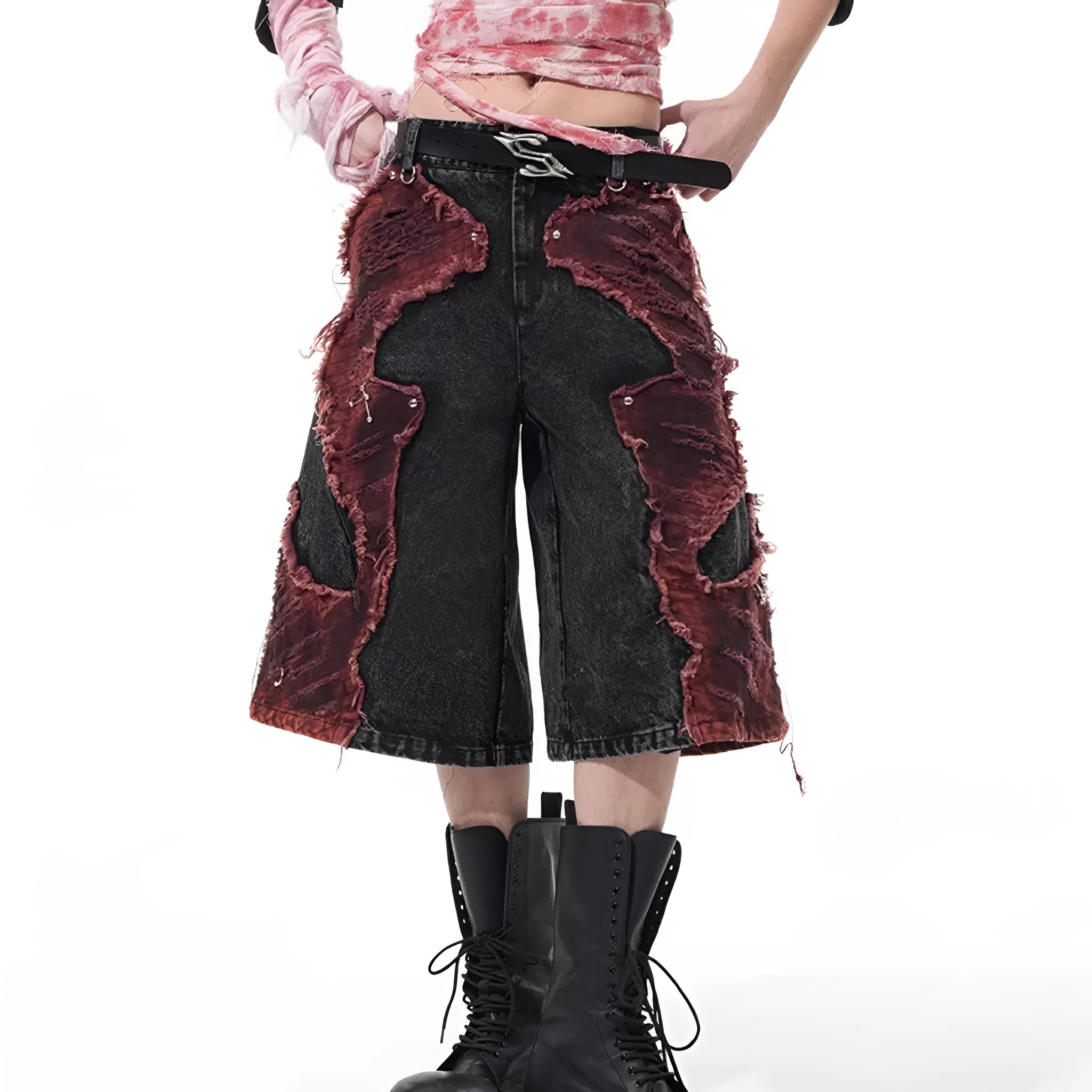Distressed denim cropped pants with wide-leg cut and mid-high waist in cotton fabric