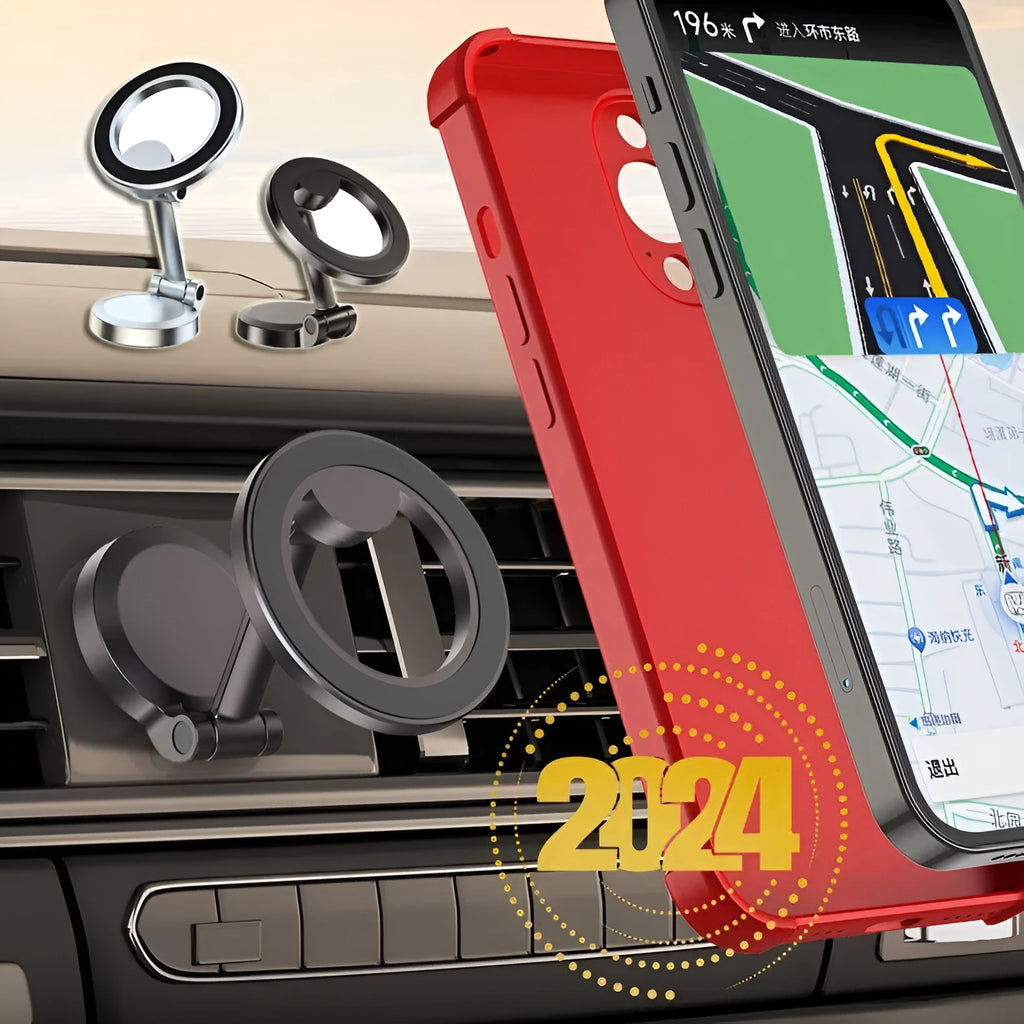 All-metal magnetic car phone mount with foldable design in Qian Colour, showing dashboard mounting bracket