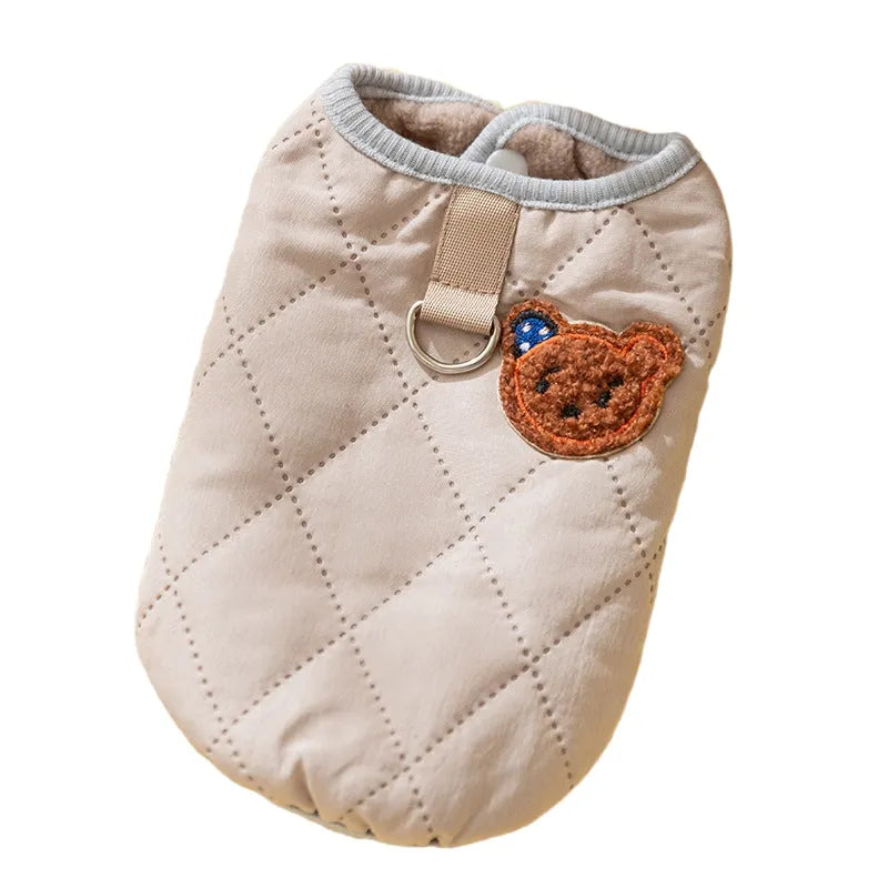 Quilted pet vest with embroidered bear patch and polka-dot ears, cream beige colour, for small dogs, side view