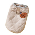 Quilted pet vest with embroidered bear patch and polka-dot ears, cream beige colour, for small dogs, side view