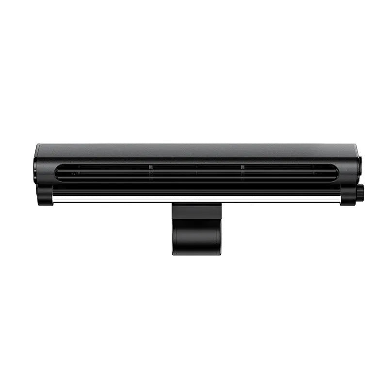 Black USB-powered bladeless fan with integrated lighting lamp clipped to computer screen