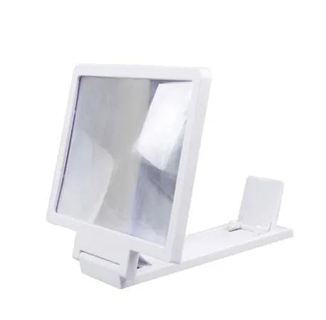 Mobile phone stand magnifier with black frame and clear acrylic screen showing magnification effect