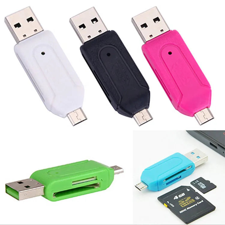 White USB OTG dual-purpose card reader for SD and TF memory cards next to a mobile phone.