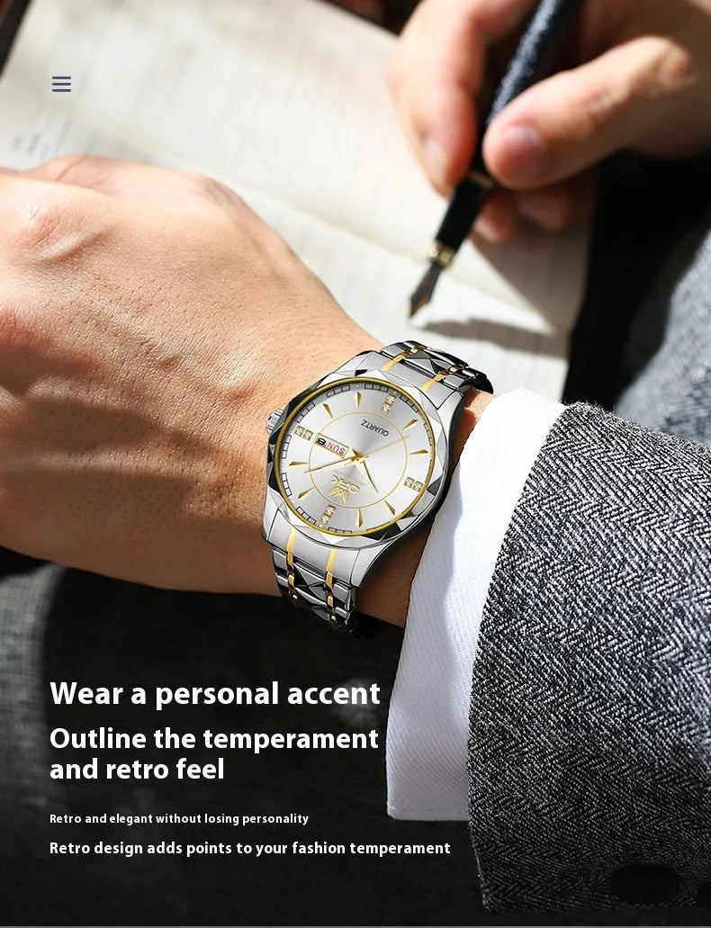 Round stainless steel men's watch with double calendar display on white background