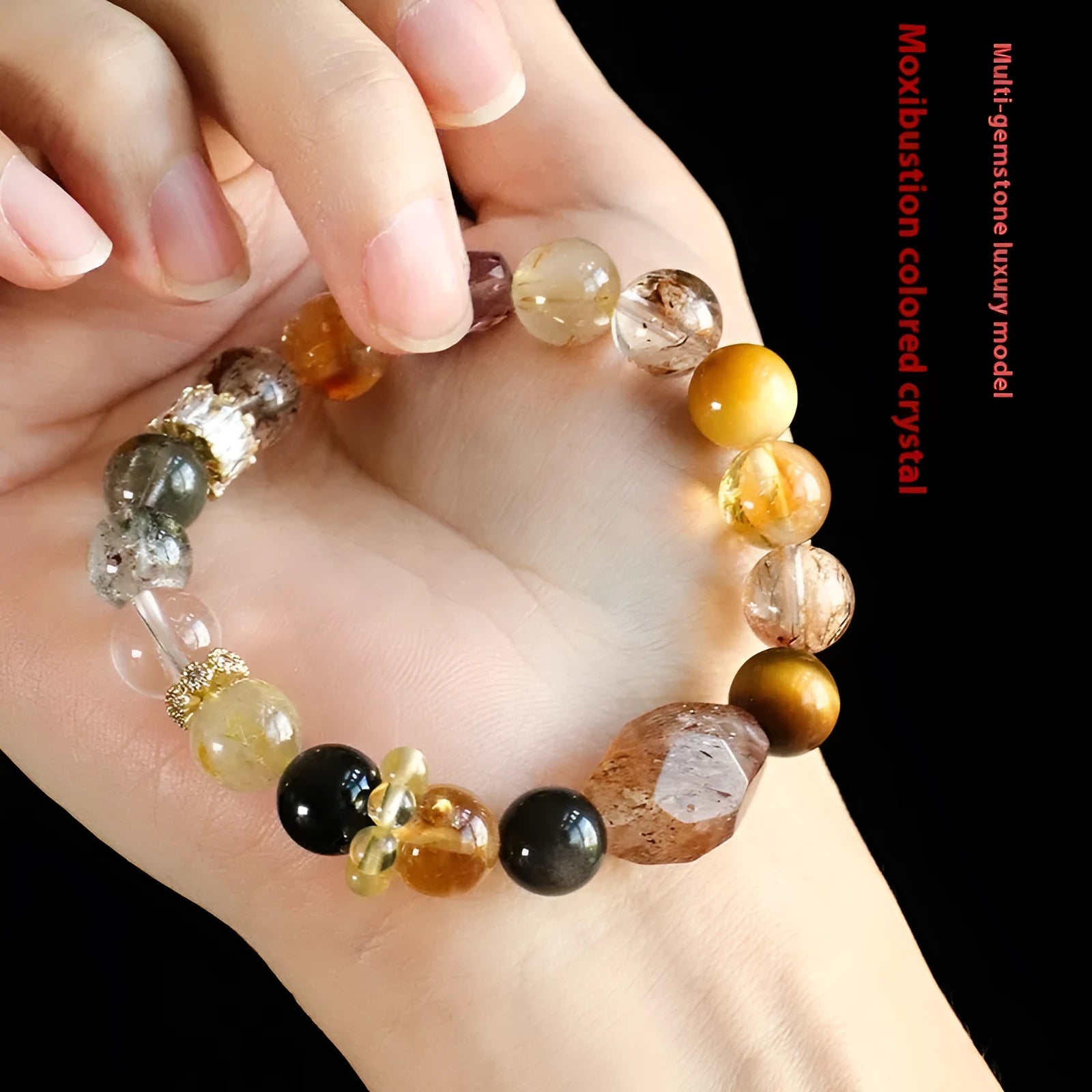 Natural crystal women's bracelet in black gold Super Seven or Duobao crystal types A through F
