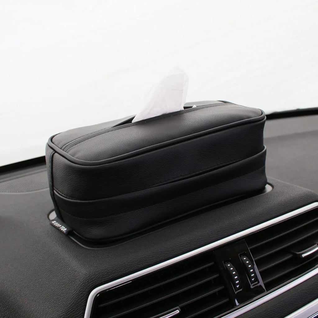 Black PU leather car hanging storage box with paper bag organiser for vehicle interior storage