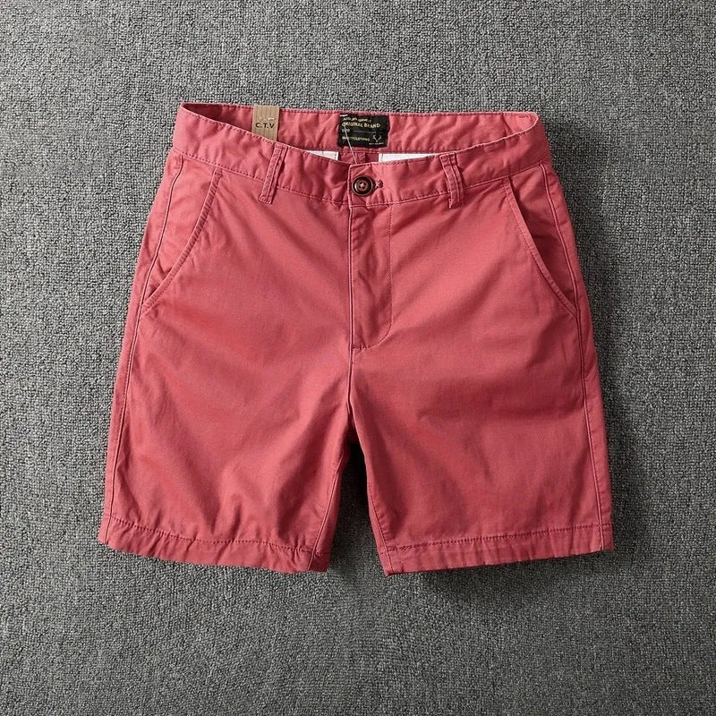 Men's cotton loose shorts in straight-leg cut with zipper fly, shown in multiple colour options including camouflage patterns