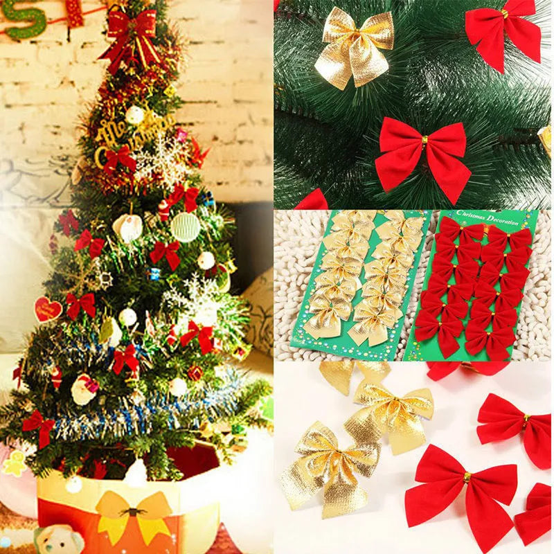 5 cm polyester Christmas tree bow ornament in traditional red gold silver colours
