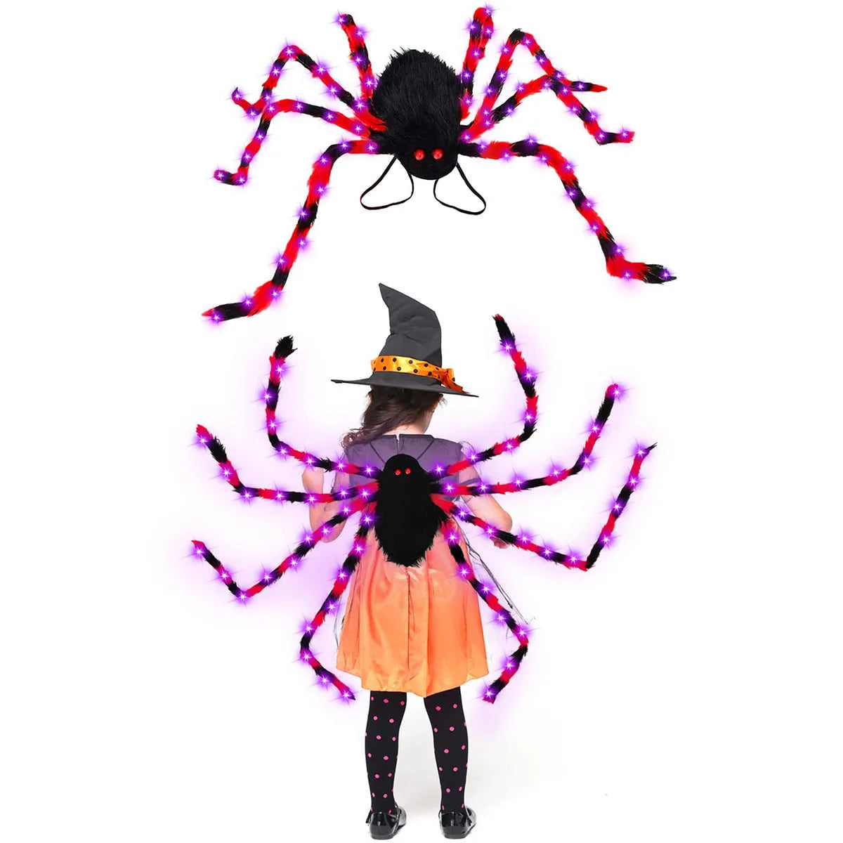 Halloween spider backpack with LED lights in plush sugar bag design