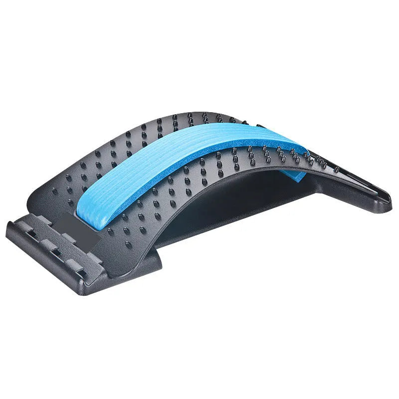 A black back massager and stretcher device with plastic pins and magnetic points on an adjustable frame.