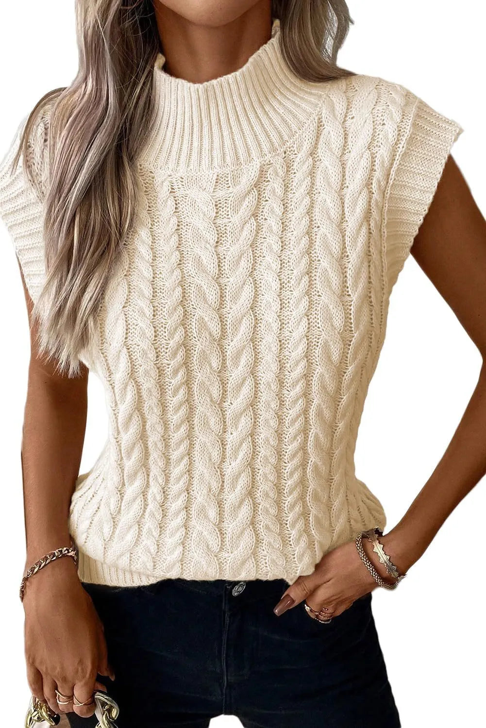 Women's white sleeveless high neck knit sweater with colour block pattern, loose fit, acrylic material