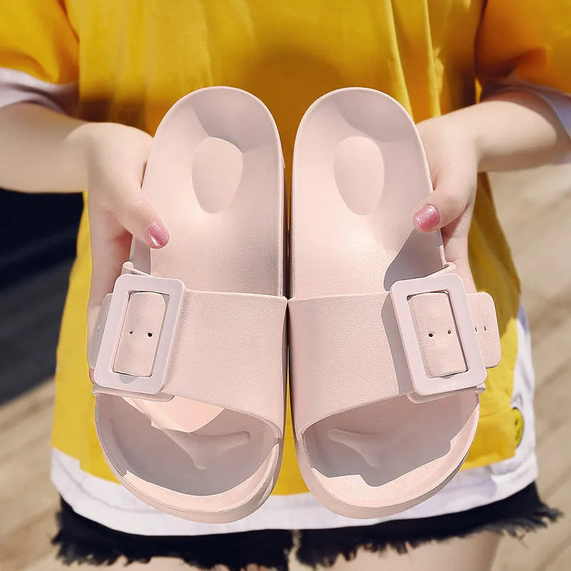 Women's grey blue buckle slippers with soft EVA sole and adjustable fastening