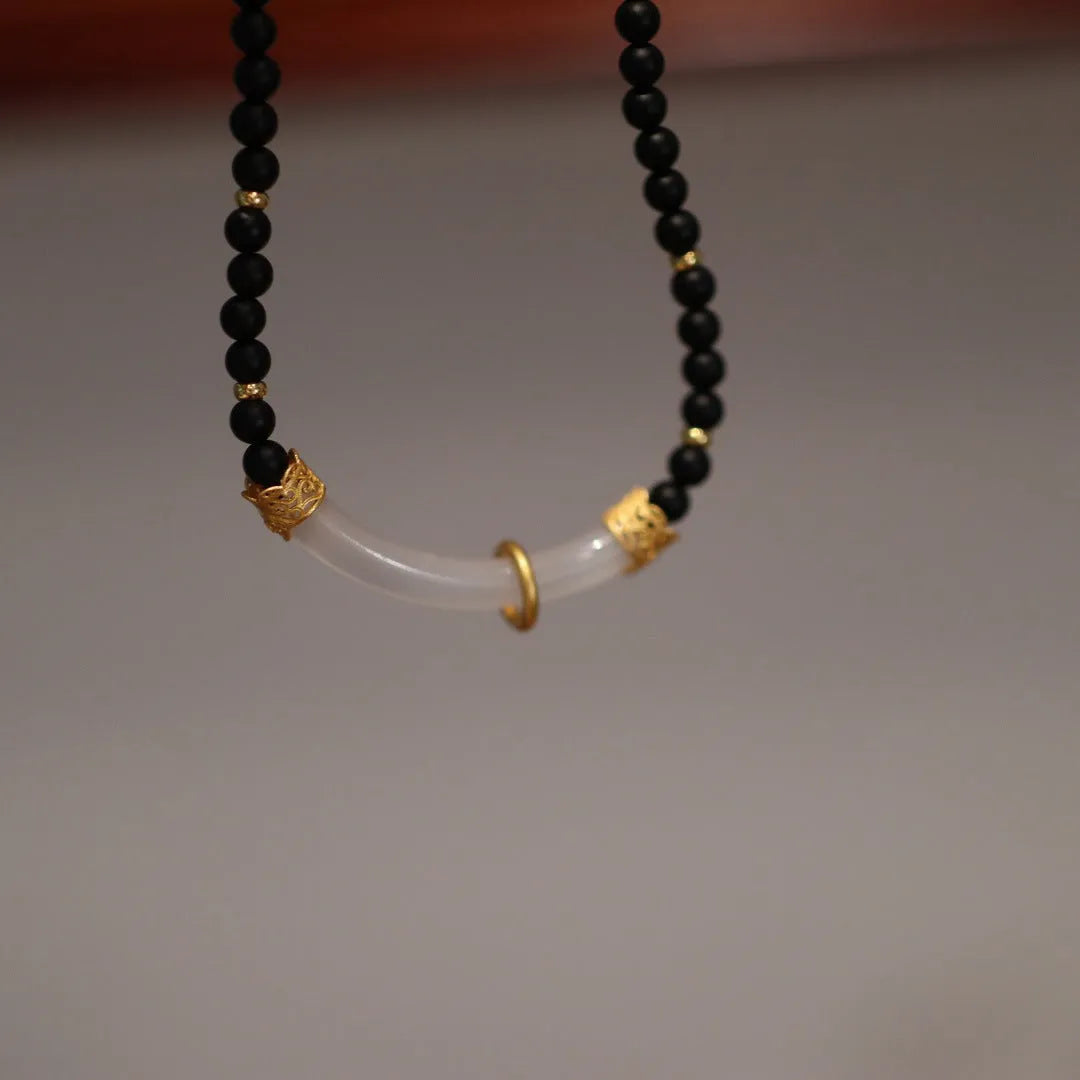 Natural frosted black agate white chalcedony necklace with 925 silver pendant