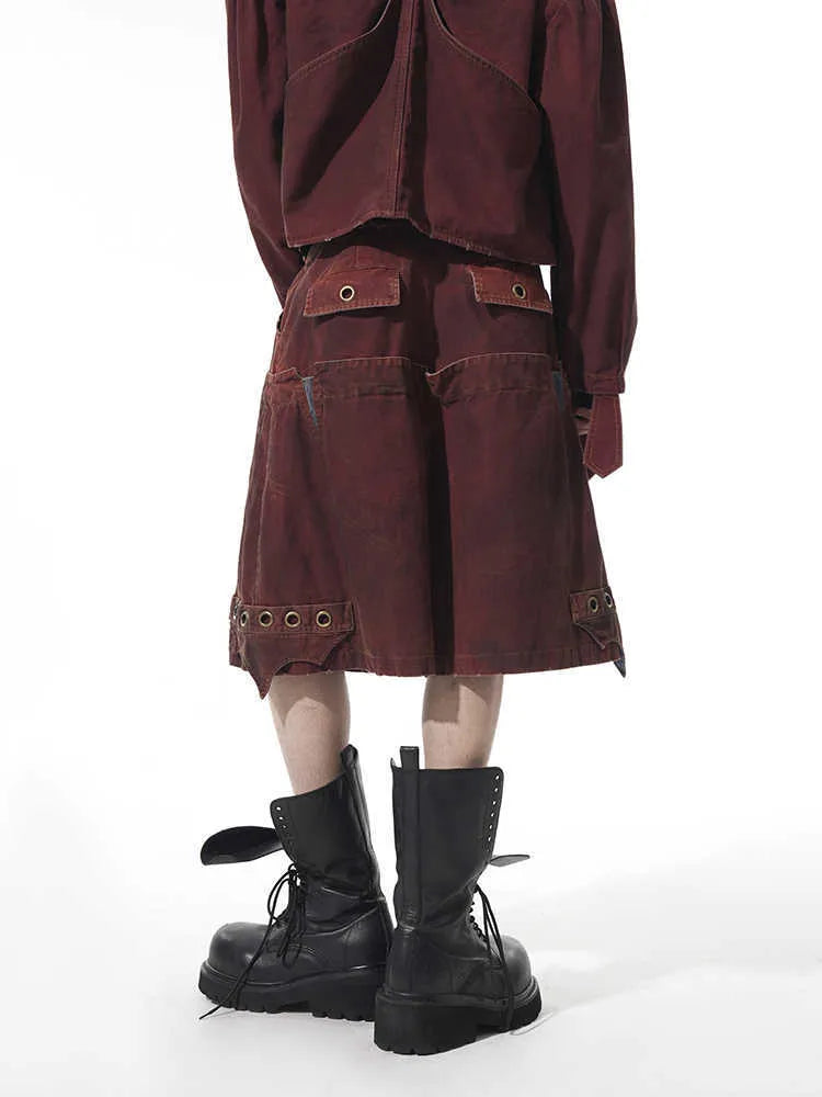 Men's black loose cropped trousers showing double waistband and washed stitching detail
