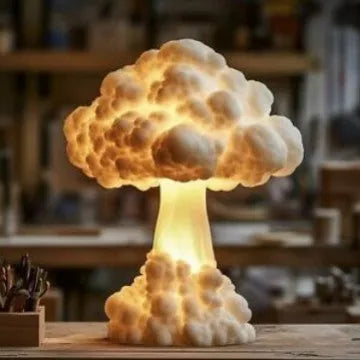Atomic bomb mushroom cloud shaped modern art table lamp with USB power connection on wooden surface