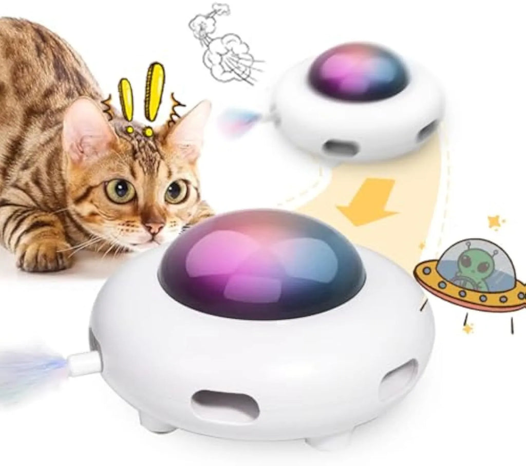 White UFO-shaped automatic cat toy with feathers, LED lights, and a detachable hair-cleaning ring.